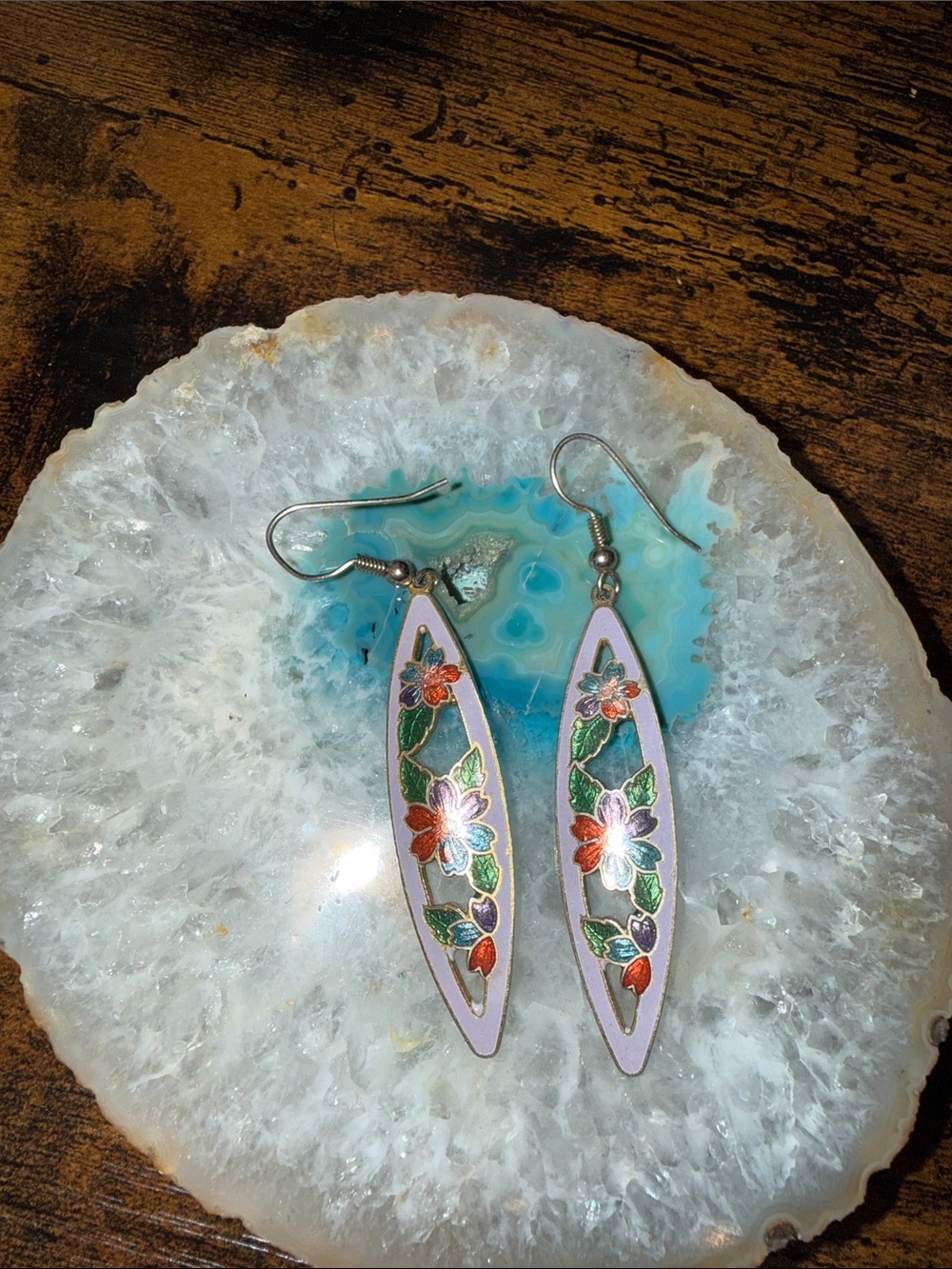 Vintage Lavender Cloisonné Enamel Rose Flowers Dandle Hook Earrings